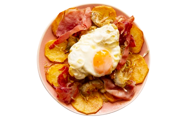 Zerbrochene eier mit Serrano-Schinken